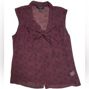 Banana Republic Burgundy and Navy Printed Tie Neck Sleeveless Blouse L Petite